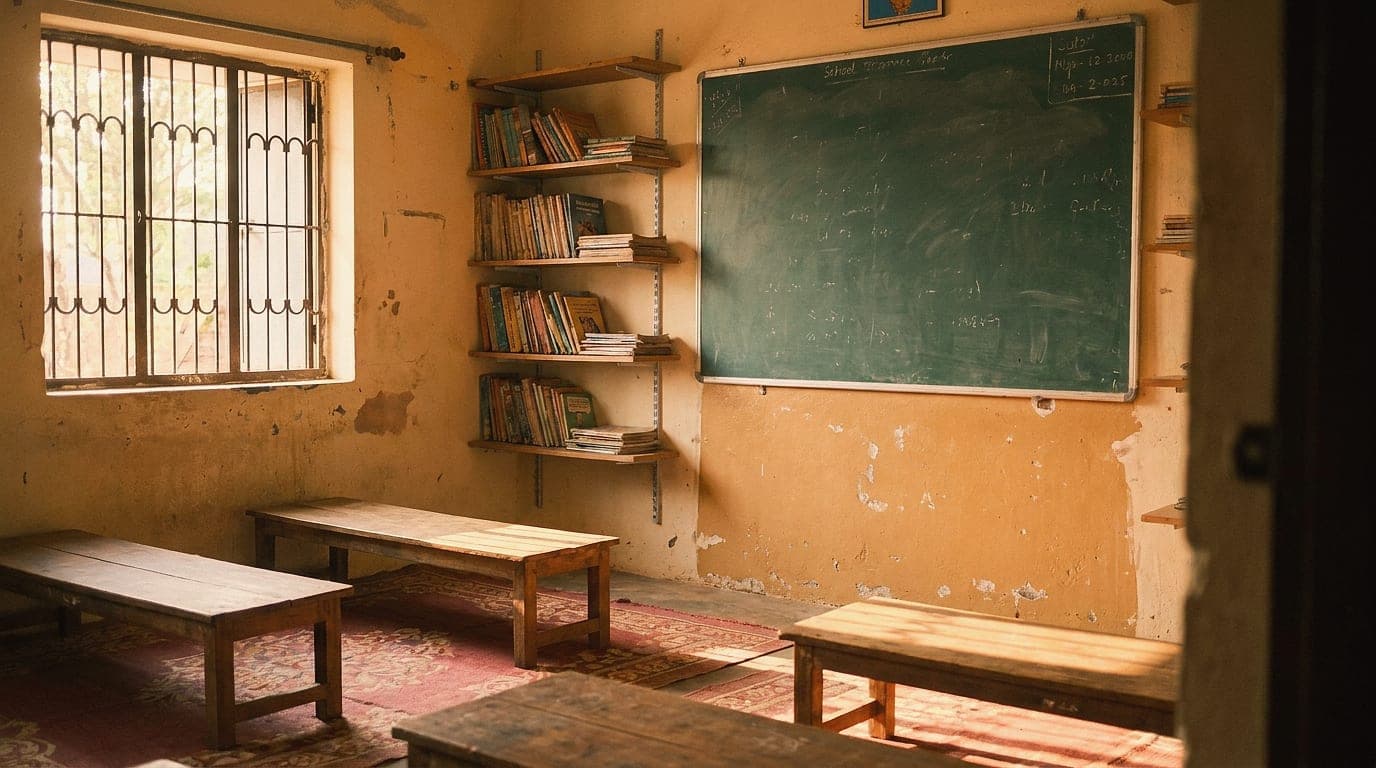An empty community classroom at golden hour, low wooden desks and a wall of schoolbooks